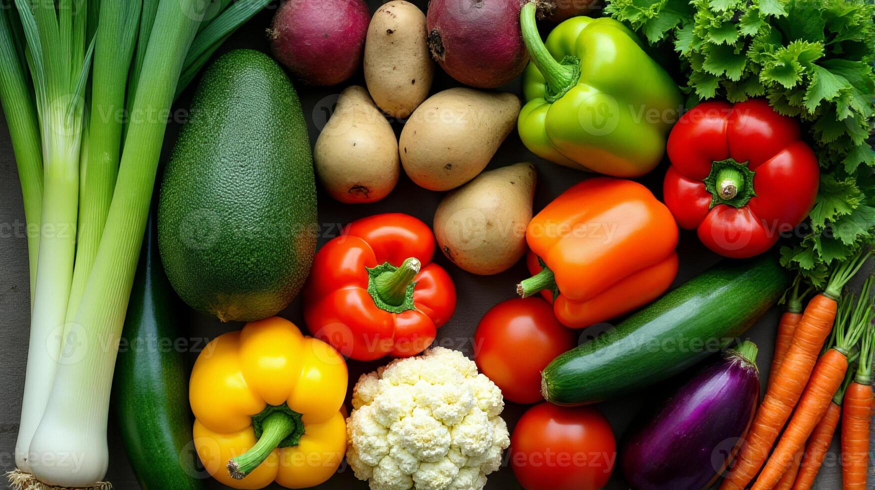Vibrant and Diverse Array of Fresh Vegetables, Including Green Leeks, Ripe Avocados, Earthy Potatoes, Bright Bell Peppers, Crisp Cucumbers, Leafy Greens, Succulent Tomatoes and Other Vegetables photo