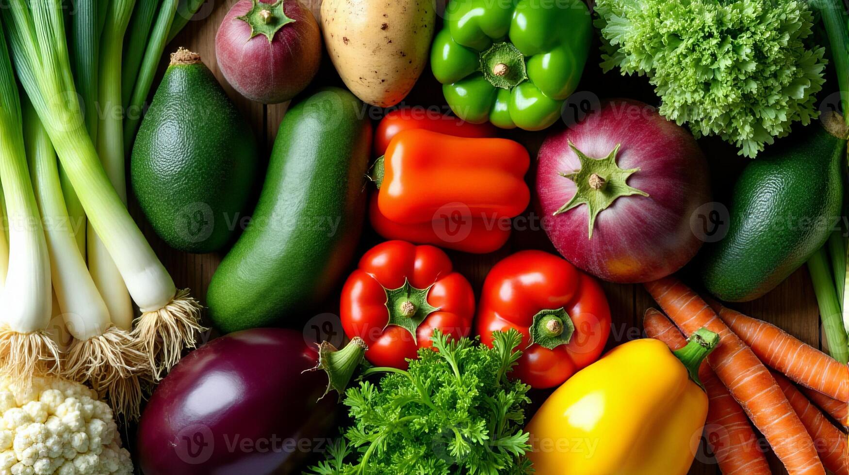 Vibrant and Diverse Array of Fresh Vegetables, Including Green Leeks, Ripe Avocados, Earthy Potatoes, Bright Bell Peppers, Crisp Cucumbers, Leafy Greens, Succulent Tomatoes and Other Vegetables photo