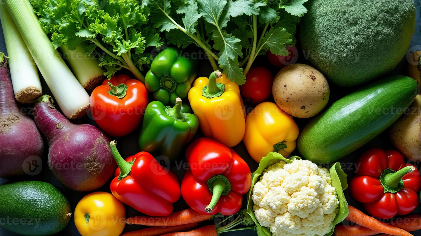 Vibrant and Diverse Array of Fresh Vegetables, Including Green Leeks, Ripe Avocados, Earthy Potatoes, Bright Bell Peppers, Crisp Cucumbers, Leafy Greens, Succulent Tomatoes and Other Vegetables photo