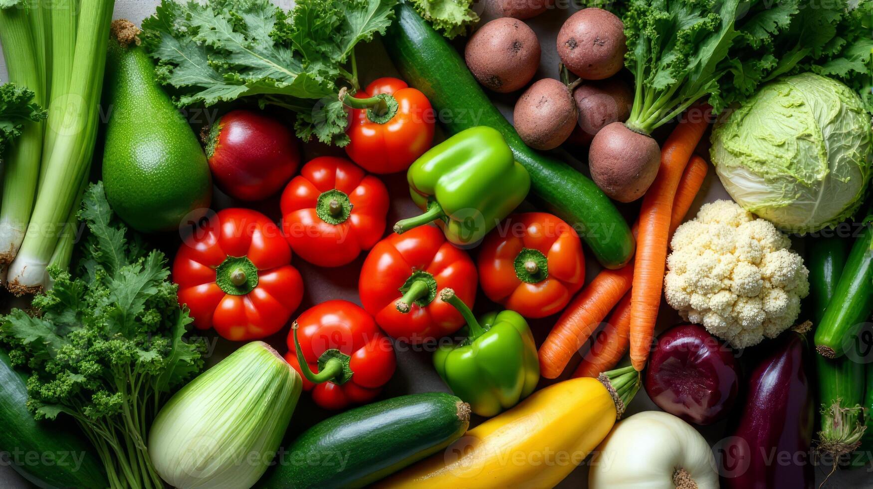 Vibrant and Diverse Array of Fresh Vegetables, Including Green Leeks, Ripe Avocados, Earthy Potatoes, Bright Bell Peppers, Crisp Cucumbers, Leafy Greens, Succulent Tomatoes and Other Vegetables photo