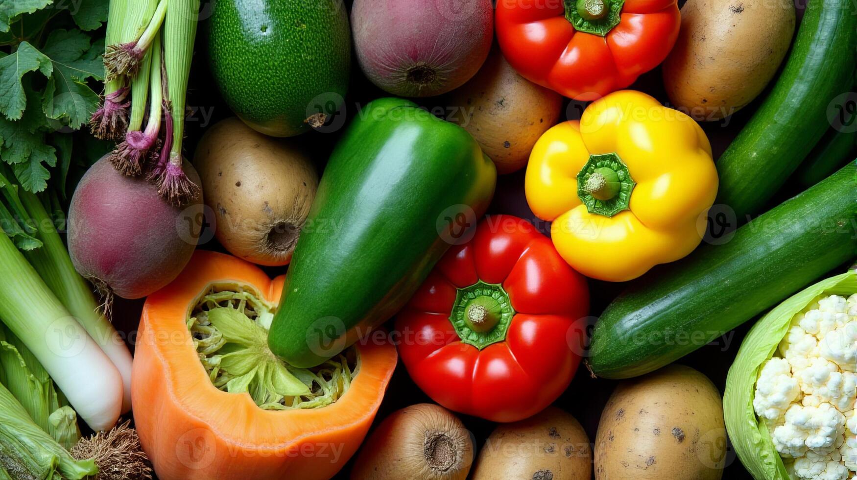 Vibrant and Diverse Array of Fresh Vegetables, Including Green Leeks, Ripe Avocados, Earthy Potatoes, Bright Bell Peppers, Crisp Cucumbers, Leafy Greens, Succulent Tomatoes and Other Vegetables photo