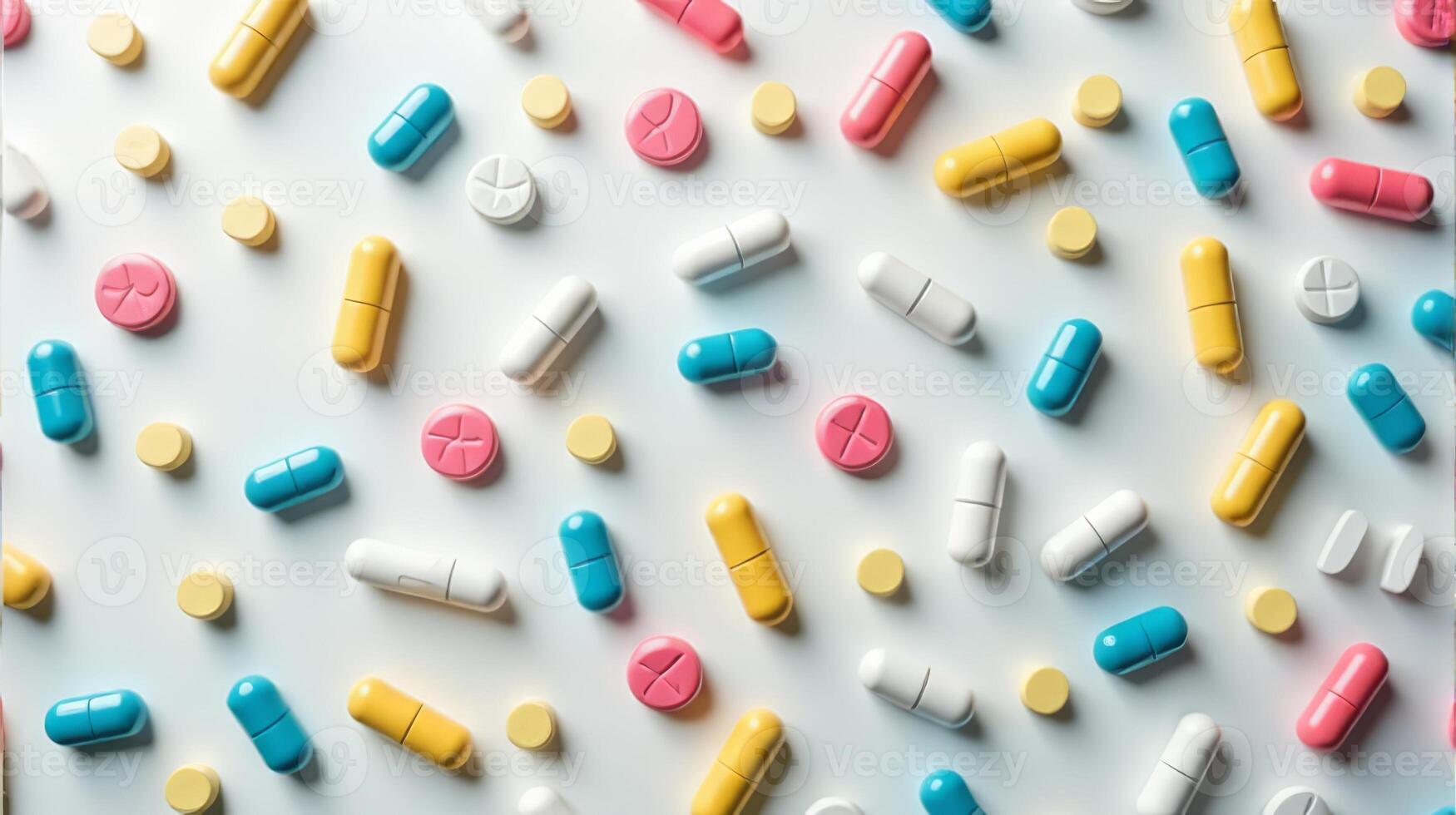 Diverse Array of Pills and Capsules Scattered in a Random Pattern, Pills Vary in Shape and Size on a Solid color Background photo