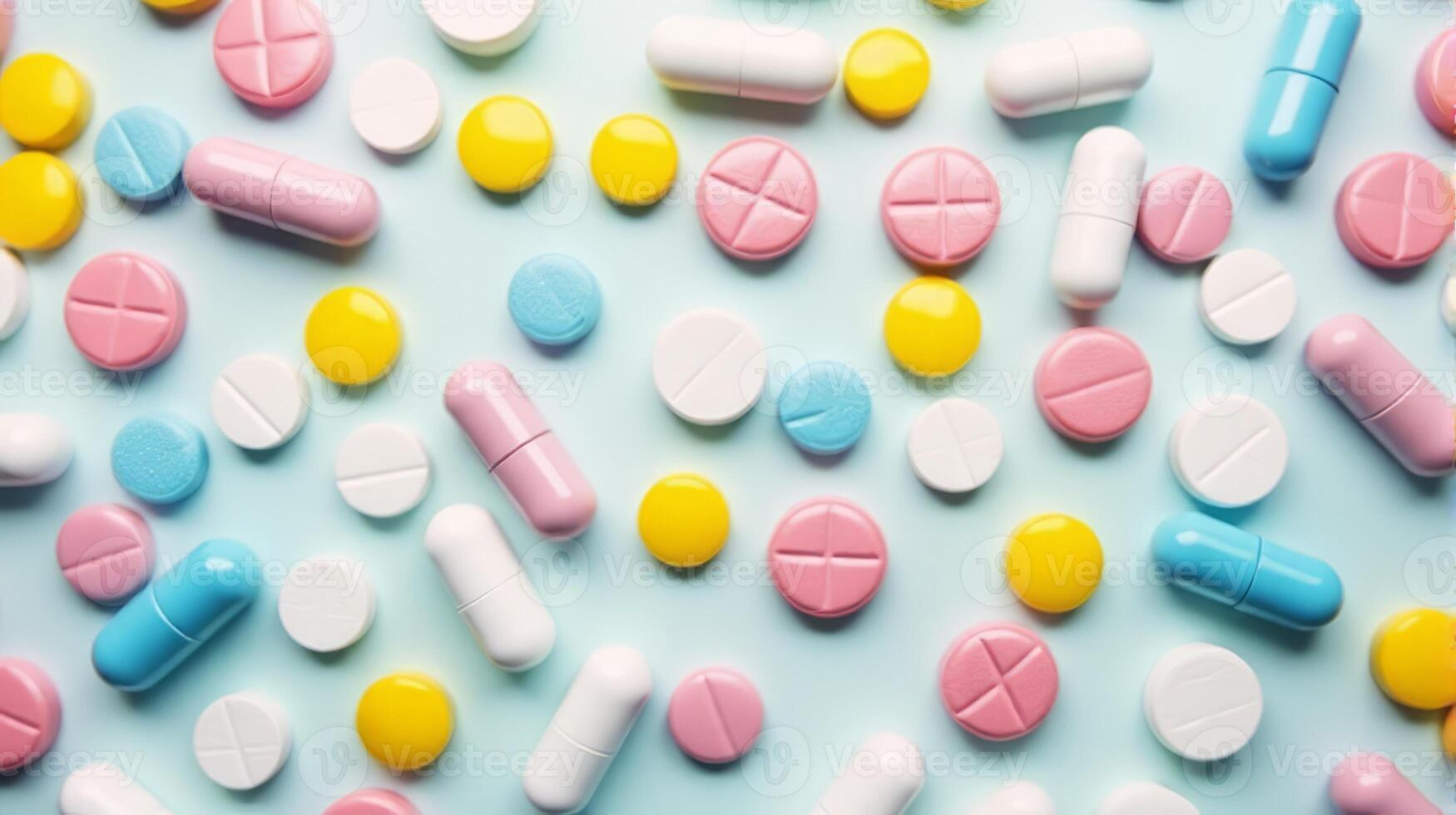 Diverse Array of Pills and Capsules Scattered in a Random Pattern, Pills Vary in Shape and Size on a Solid color Background photo