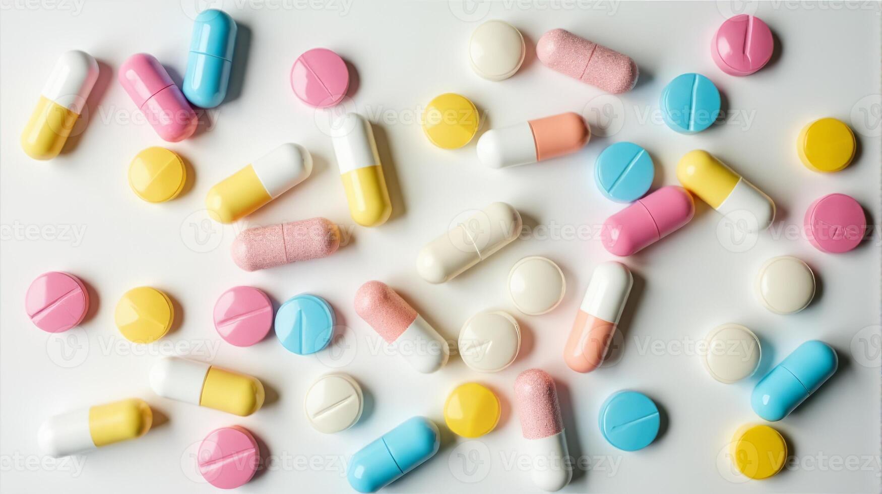 Diverse Array of Pills and Capsules Scattered in a Random Pattern, Pills Vary in Shape and Size on a Solid color Background photo