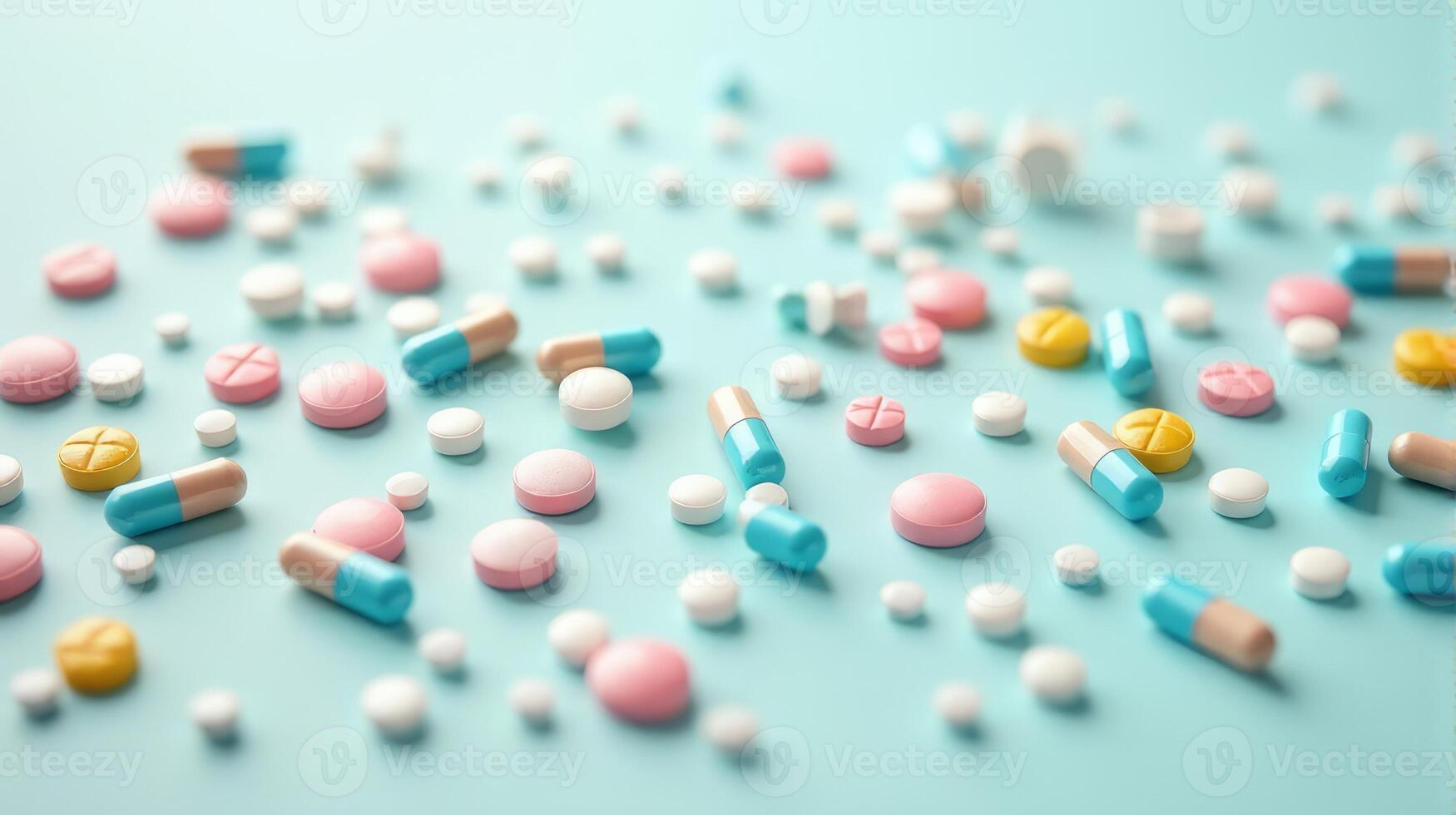 Diverse Array of Pills and Capsules Scattered in a Random Pattern, Pills Vary in Shape and Size on a Solid color Background photo