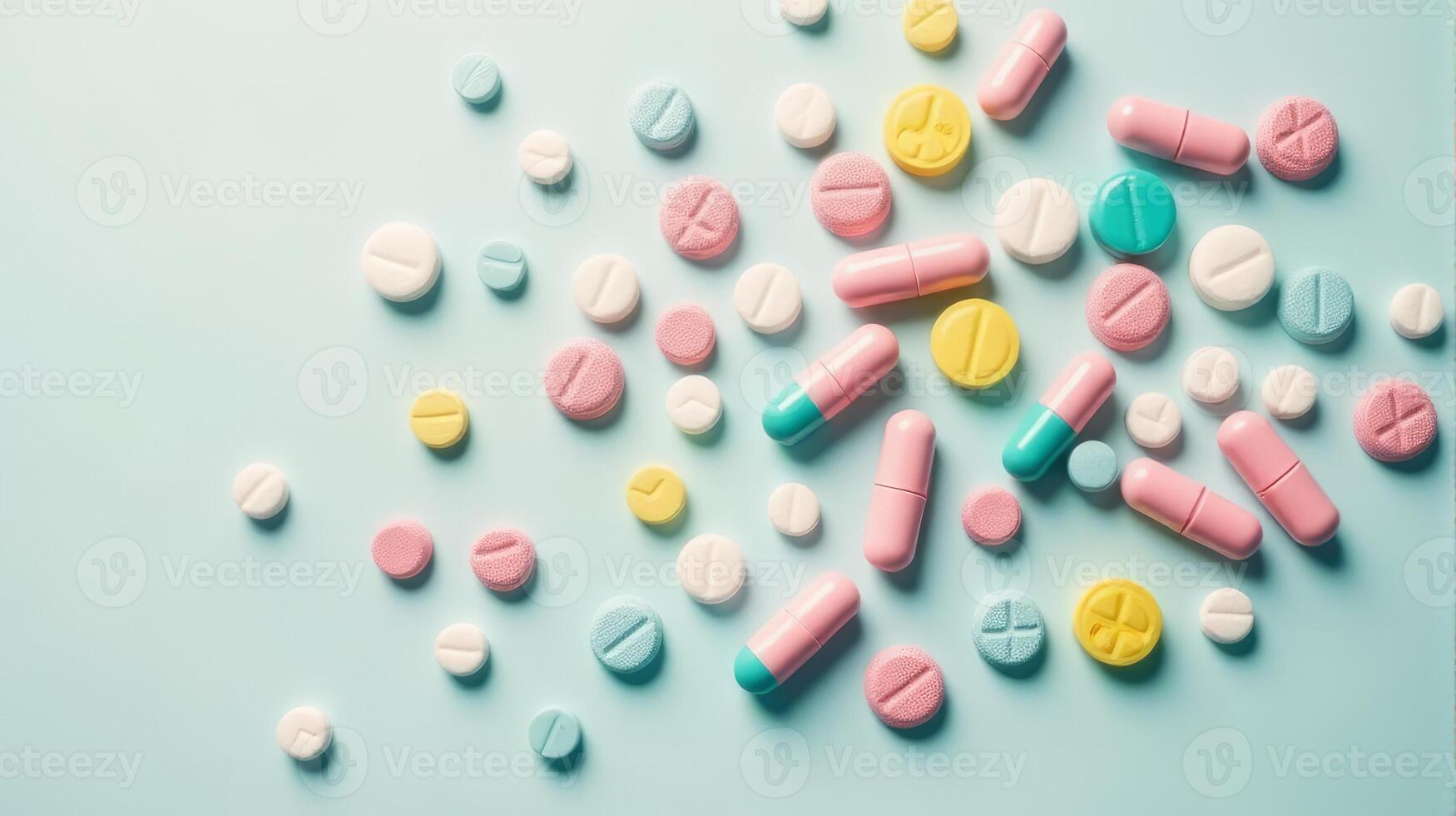 Diverse Array of Pills and Capsules Scattered in a Random Pattern, Pills Vary in Shape and Size on a Solid color Background photo