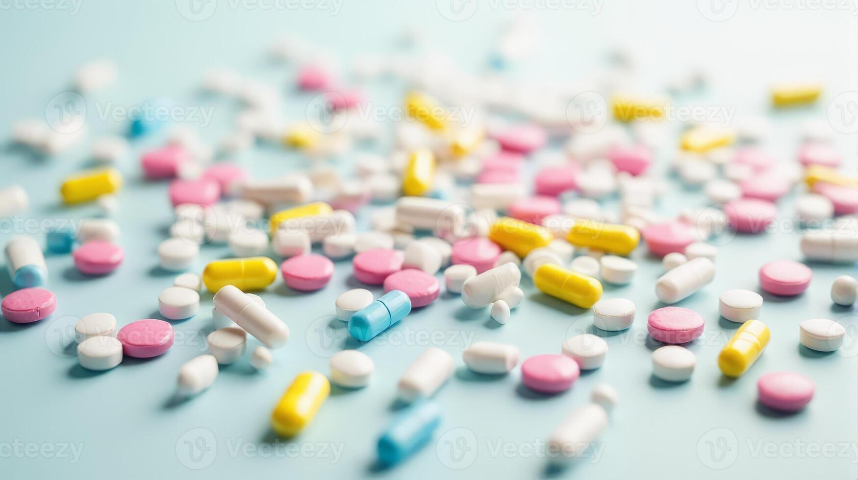 Diverse Array of Pills and Capsules Scattered in a Random Pattern, Pills Vary in Shape and Size on a Solid color Background photo