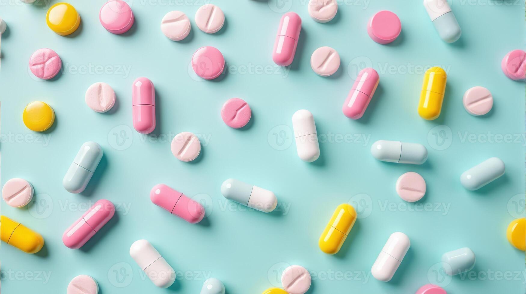 Diverse Array of Pills and Capsules Scattered in a Random Pattern, Pills Vary in Shape and Size on a Solid color Background photo