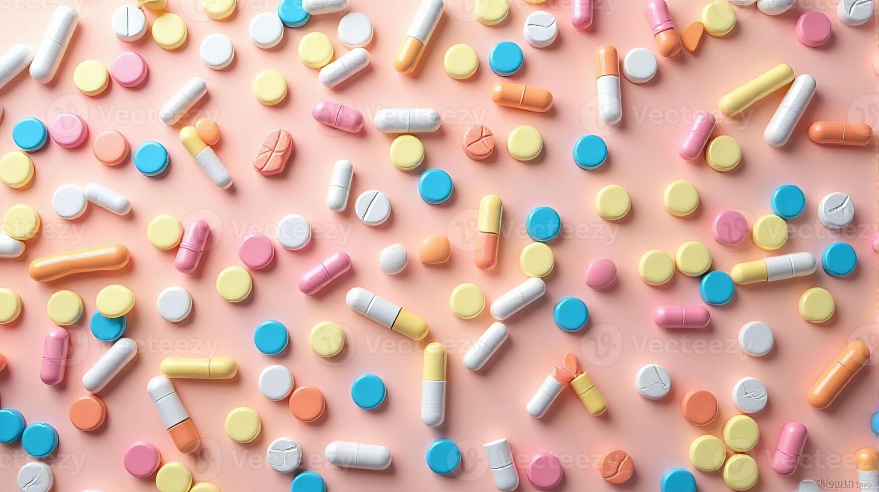 Diverse Array of Pills and Capsules Scattered in a Random Pattern, Pills Vary in Shape and Size on a Solid color Background photo