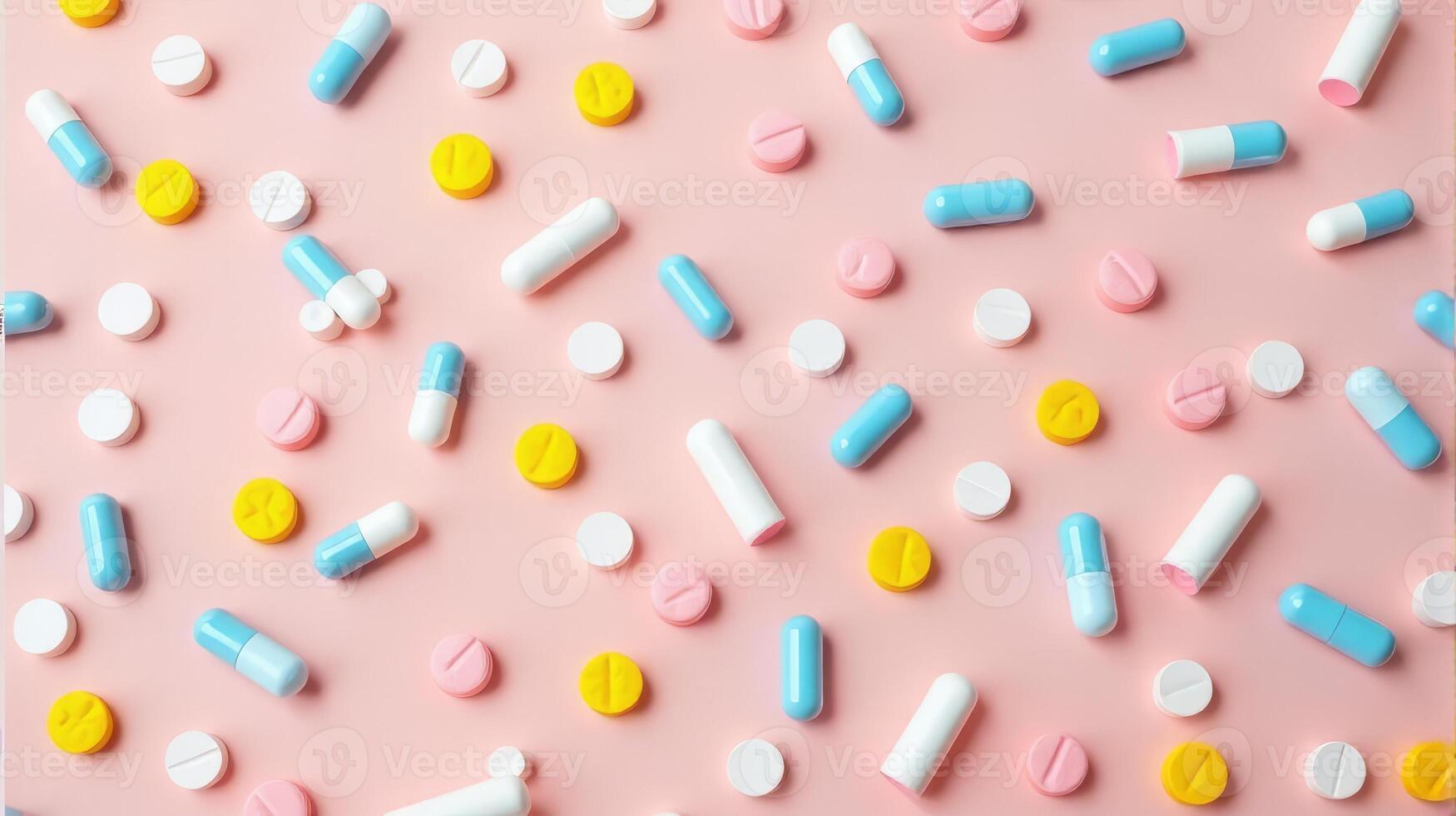 Diverse Array of Pills and Capsules Scattered in a Random Pattern, Pills Vary in Shape and Size on a Solid color Background photo