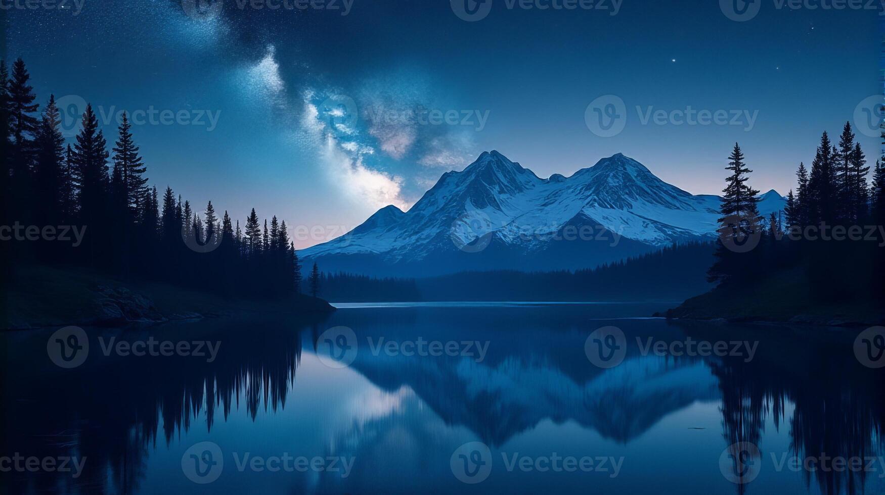 Serene Night Landscape Featuring the Milky Way Galaxy Stretching Across the Sky Snow-covered Mountain in the Background photo