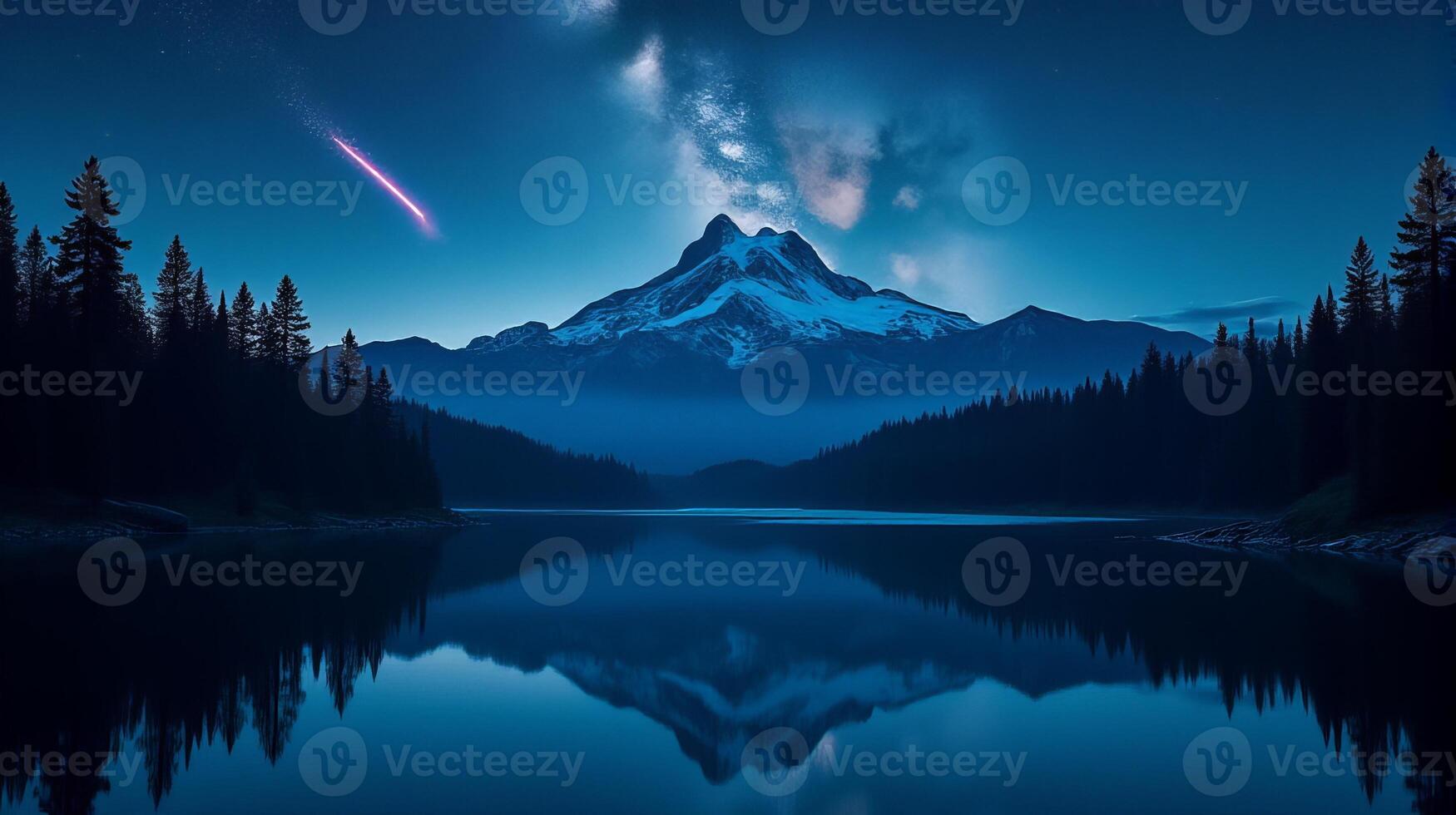 Serene Night Landscape Featuring the Milky Way Galaxy Stretching Across the Sky Snow-covered Mountain in the Background photo