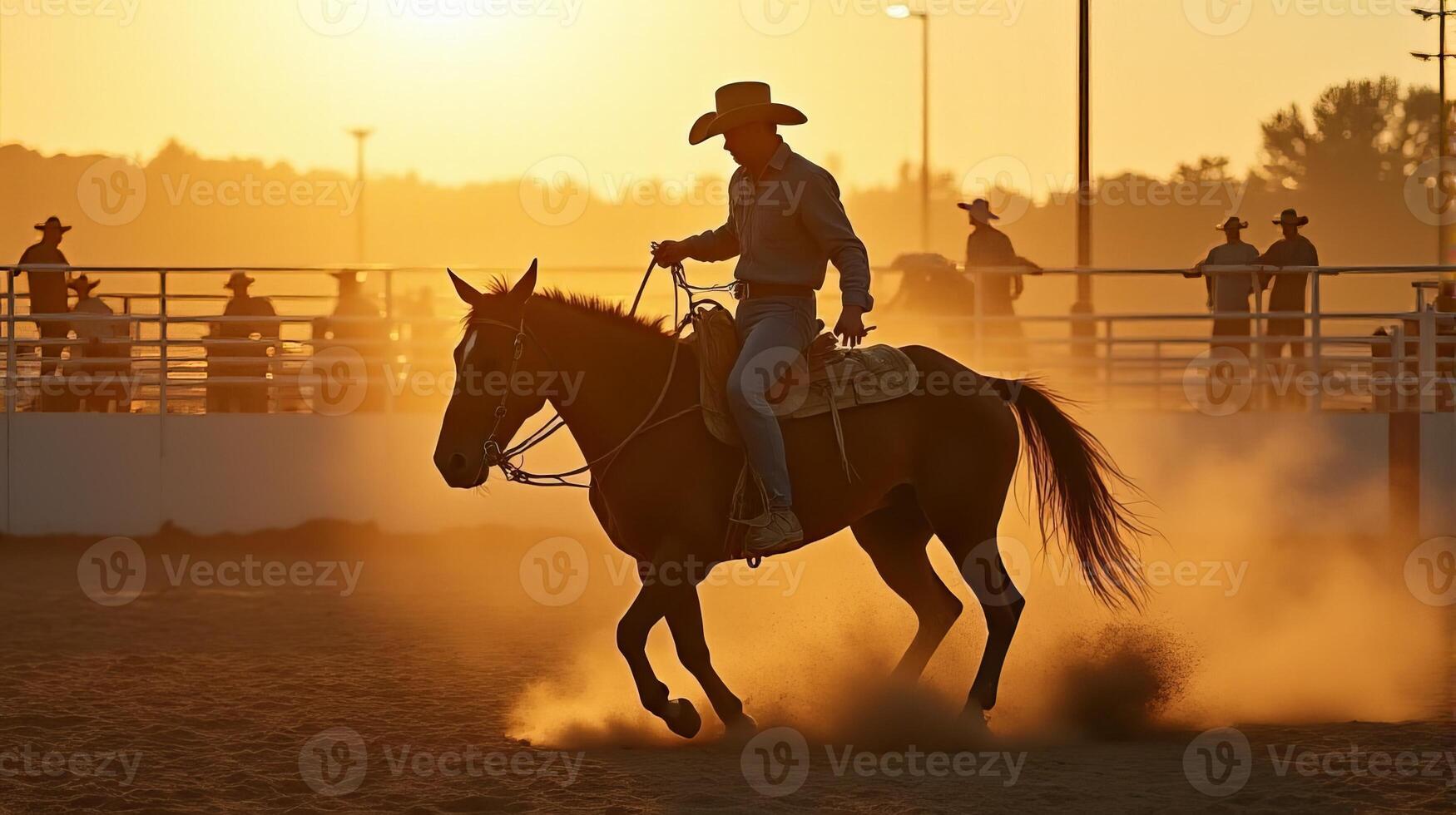 A Cowboy Riding a Bucking Horse at a Dusty Rodeo Arena During Sunset photo