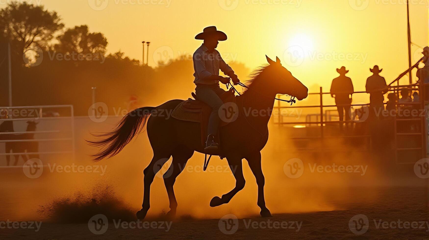 A Cowboy Riding a Bucking Horse at a Dusty Rodeo Arena During Sunset photo
