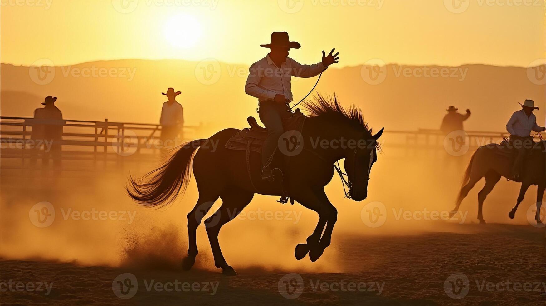 A Cowboy Riding a Bucking Horse at a Dusty Rodeo Arena During Sunset photo