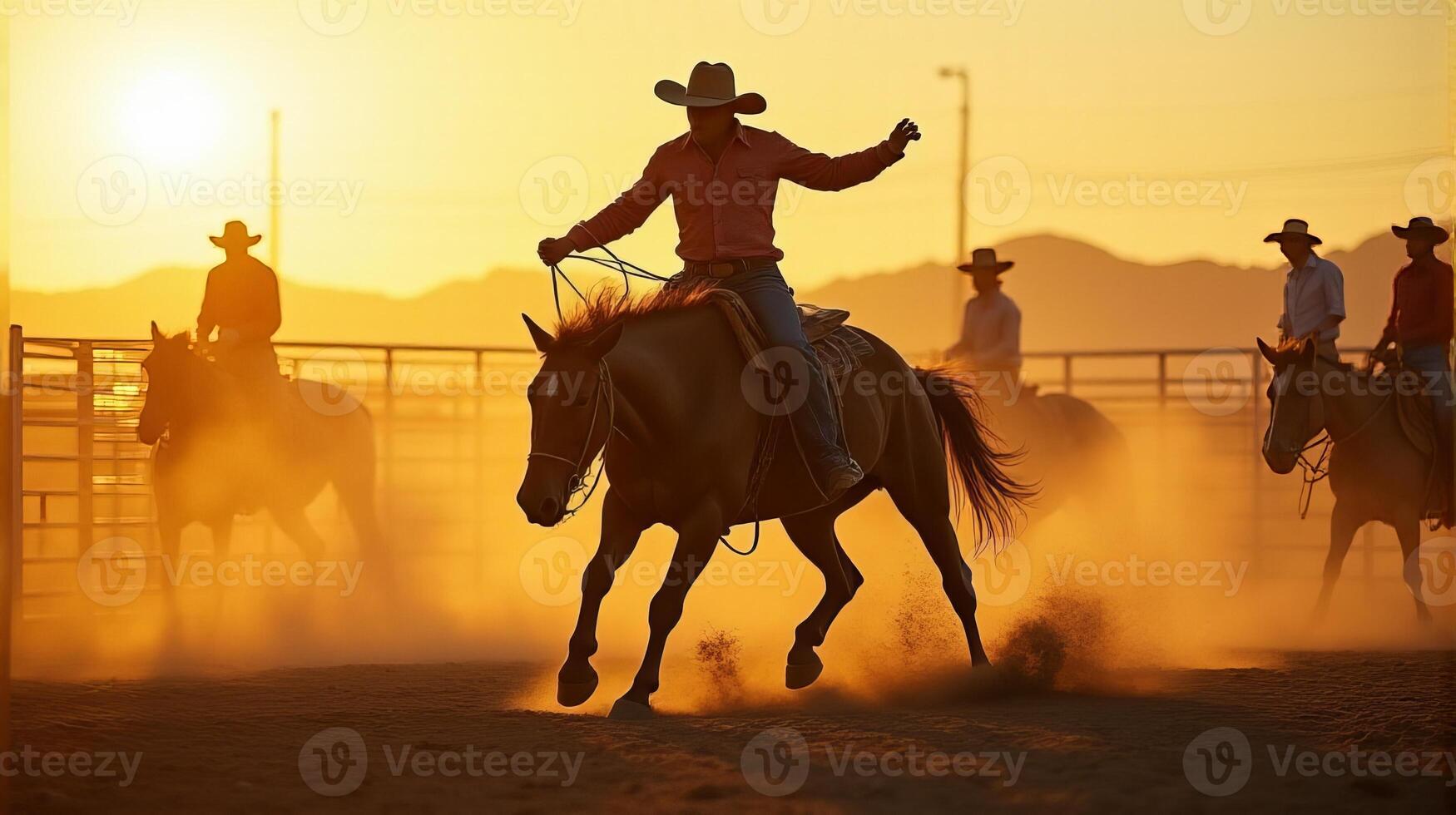 A Cowboy Riding a Bucking Horse at a Dusty Rodeo Arena During Sunset photo
