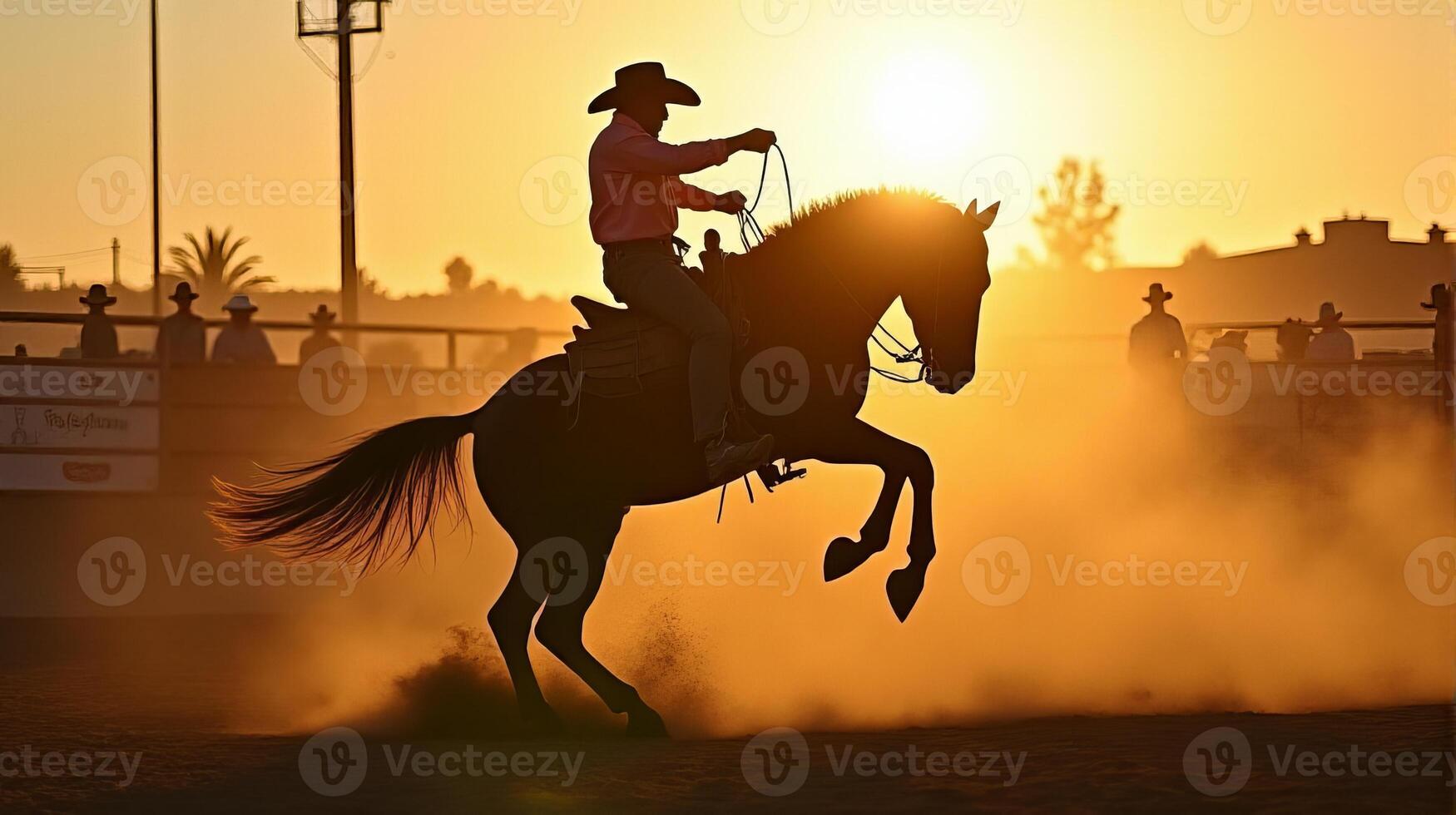 A Cowboy Riding a Bucking Horse at a Dusty Rodeo Arena During Sunset photo