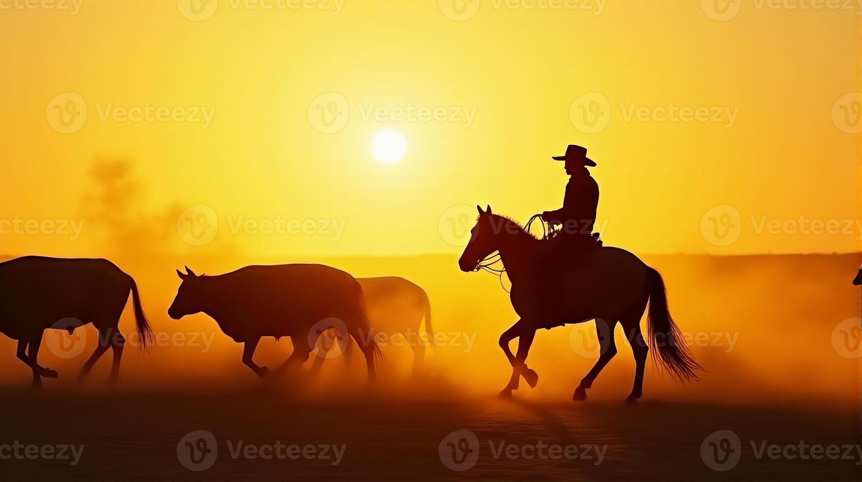 Silhouette of a Cowboy on Horseback Managing a Herd of Cattle On a Dusty Plains During Sunset photo