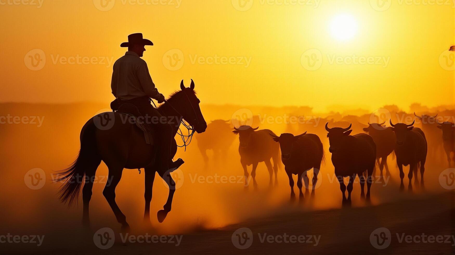 Silhouette of a Cowboy on Horseback Managing a Herd of Cattle On a Dusty Plains During Sunset photo