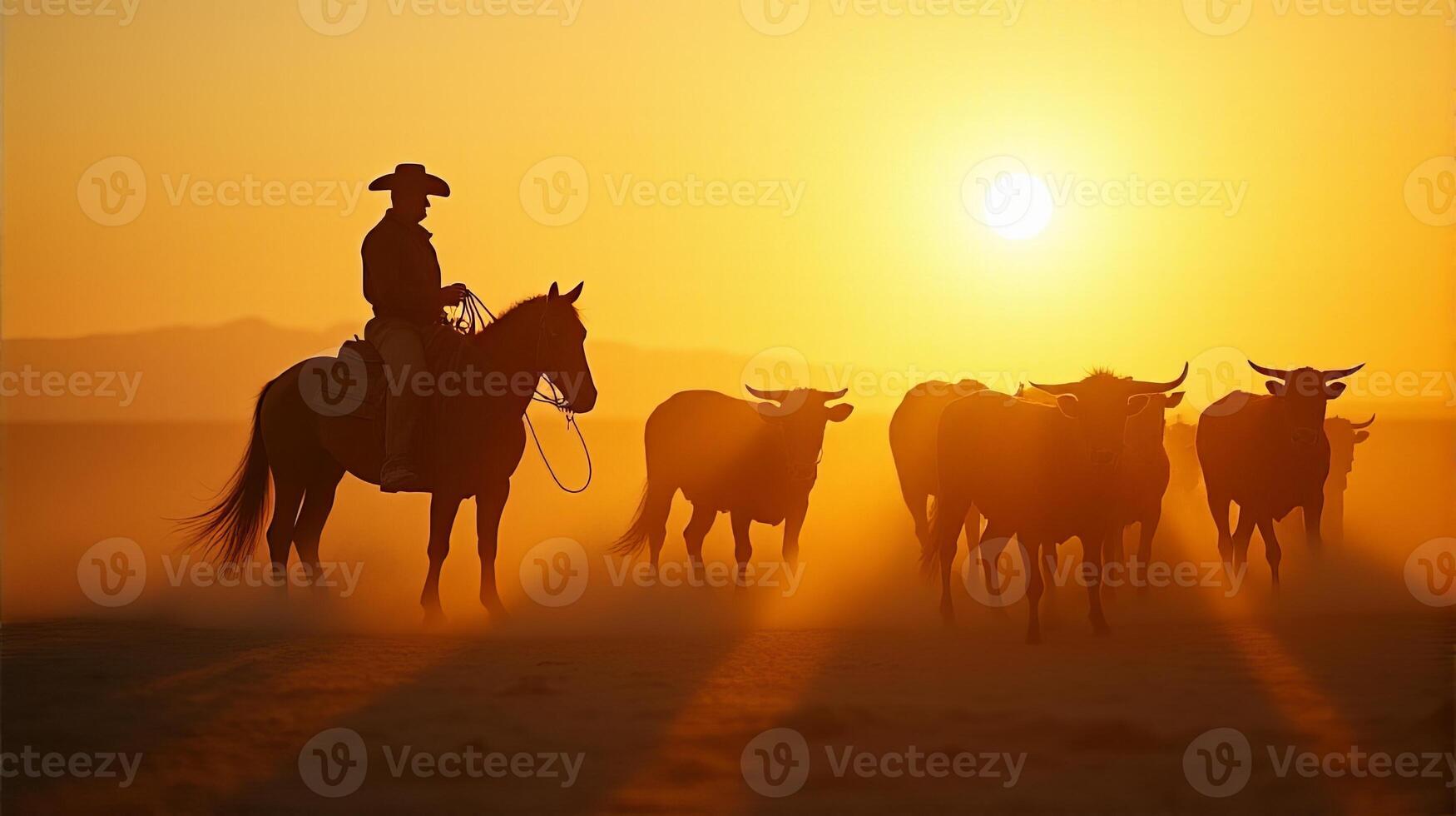Silhouette of a Cowboy on Horseback Managing a Herd of Cattle On a Dusty Plains During Sunset photo