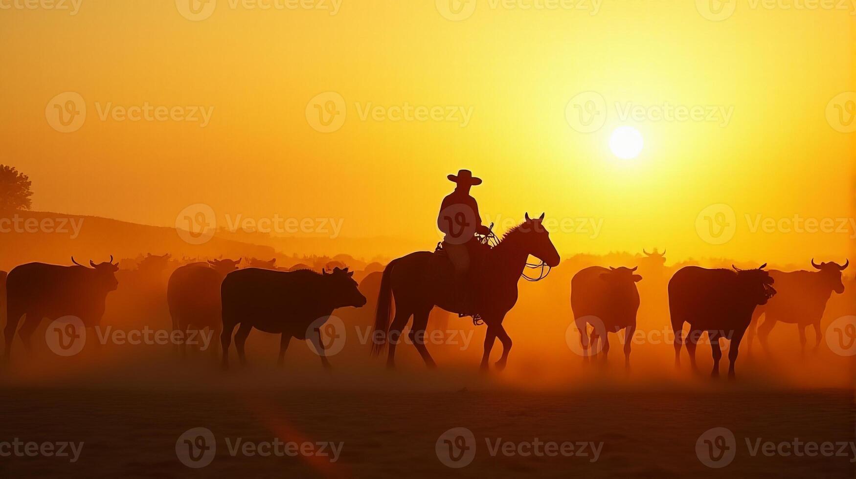 Silhouette of a Cowboy on Horseback Managing a Herd of Cattle On a Dusty Plains During Sunset photo