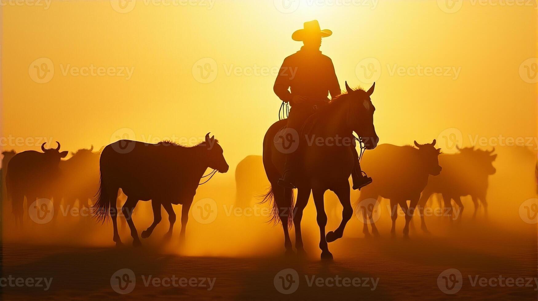 Silhouette of a Cowboy on Horseback Managing a Herd of Cattle On a Dusty Plains During Sunset photo