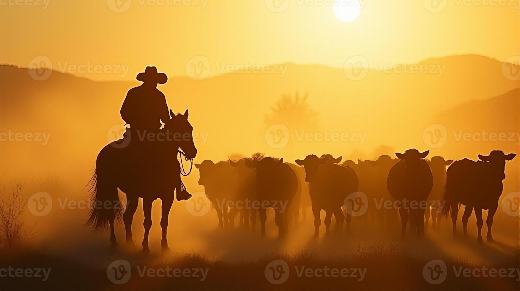 Silhouette of a Cowboy on Horseback Managing a Herd of Cattle On a Dusty Plains During Sunset photo