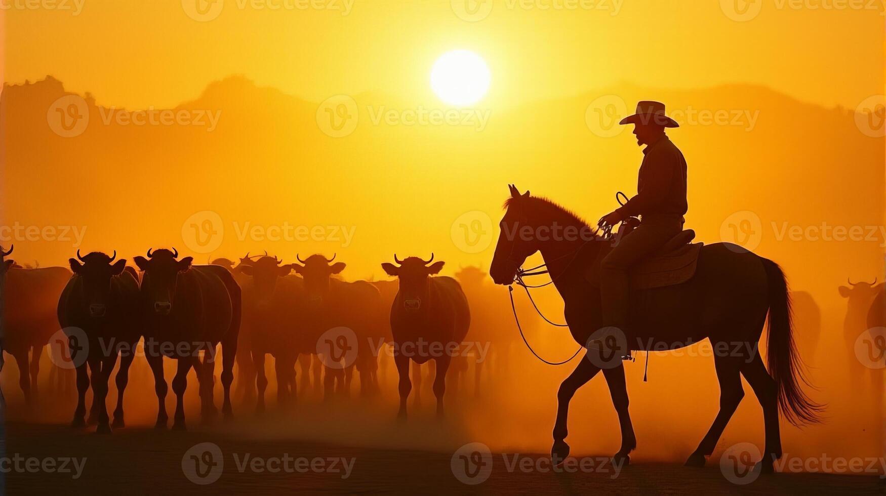 Silhouette of a Cowboy on Horseback Managing a Herd of Cattle On a Dusty Plains During Sunset photo