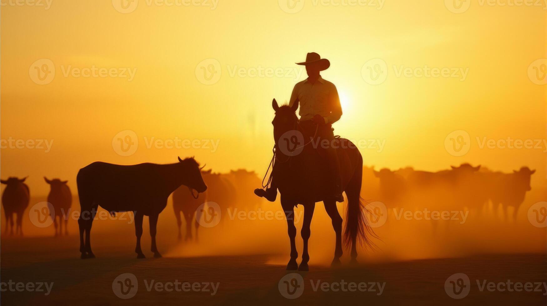 Silhouette of a Cowboy on Horseback Managing a Herd of Cattle On a Dusty Plains During Sunset photo