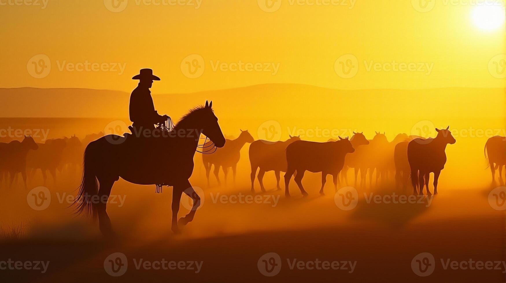 Silhouette of a Cowboy on Horseback Managing a Herd of Cattle On a Dusty Plains During Sunset photo