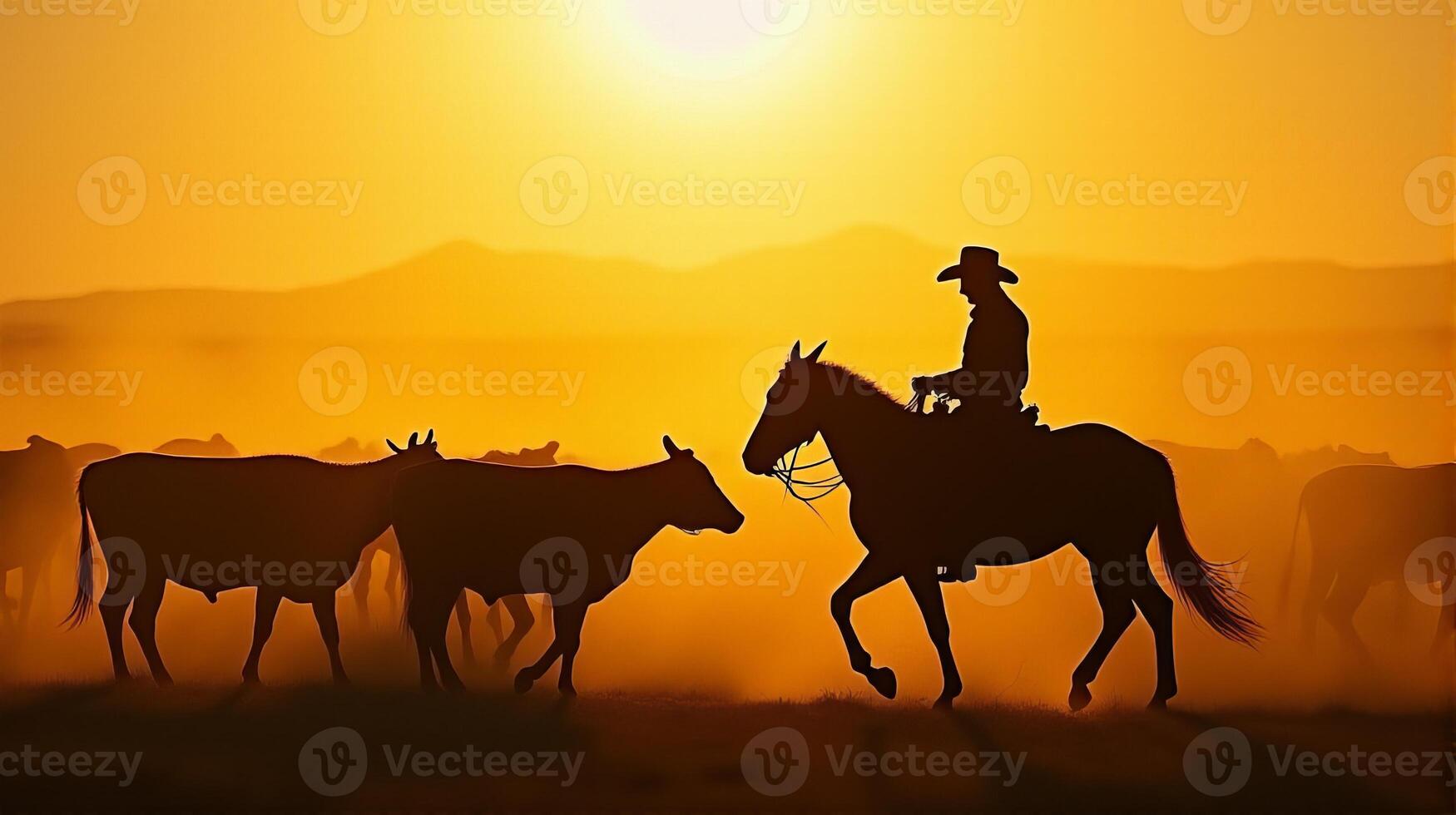 Silhouette of a Cowboy on Horseback Managing a Herd of Cattle On a Dusty Plains During Sunset photo
