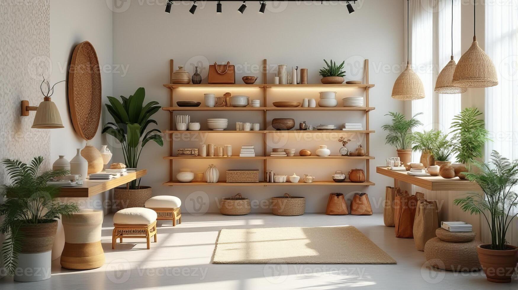 Modern and Stylish Boutique Store With Wooden Furniture Interior That Showcases a Variety of Products Include Handcrafted Pottery and Variety of Home Decor photo