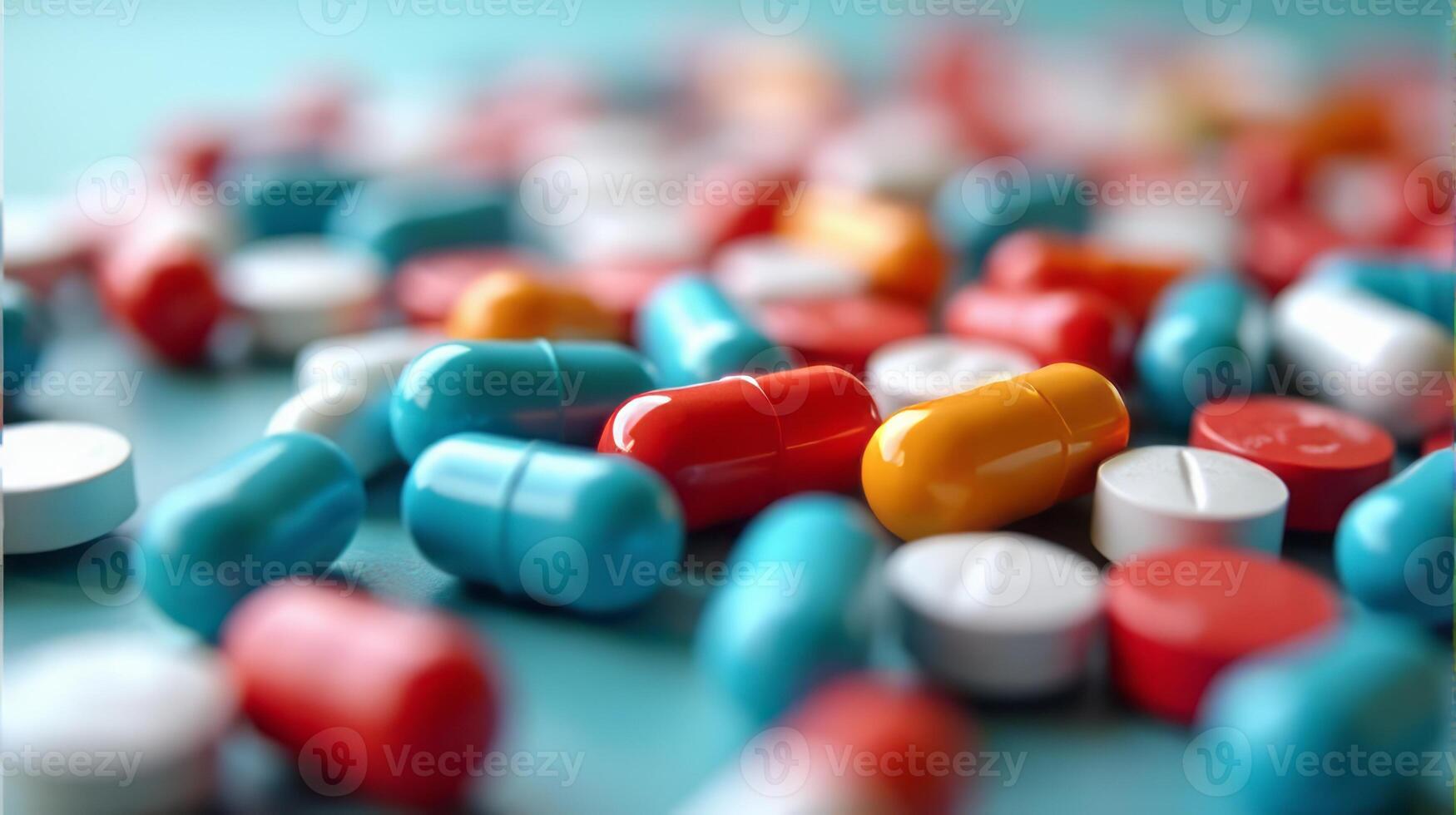 Close Up of a Diverse Array of Pharmaceutical Pills and Capsules, Showcasing a Variety of Colors photo
