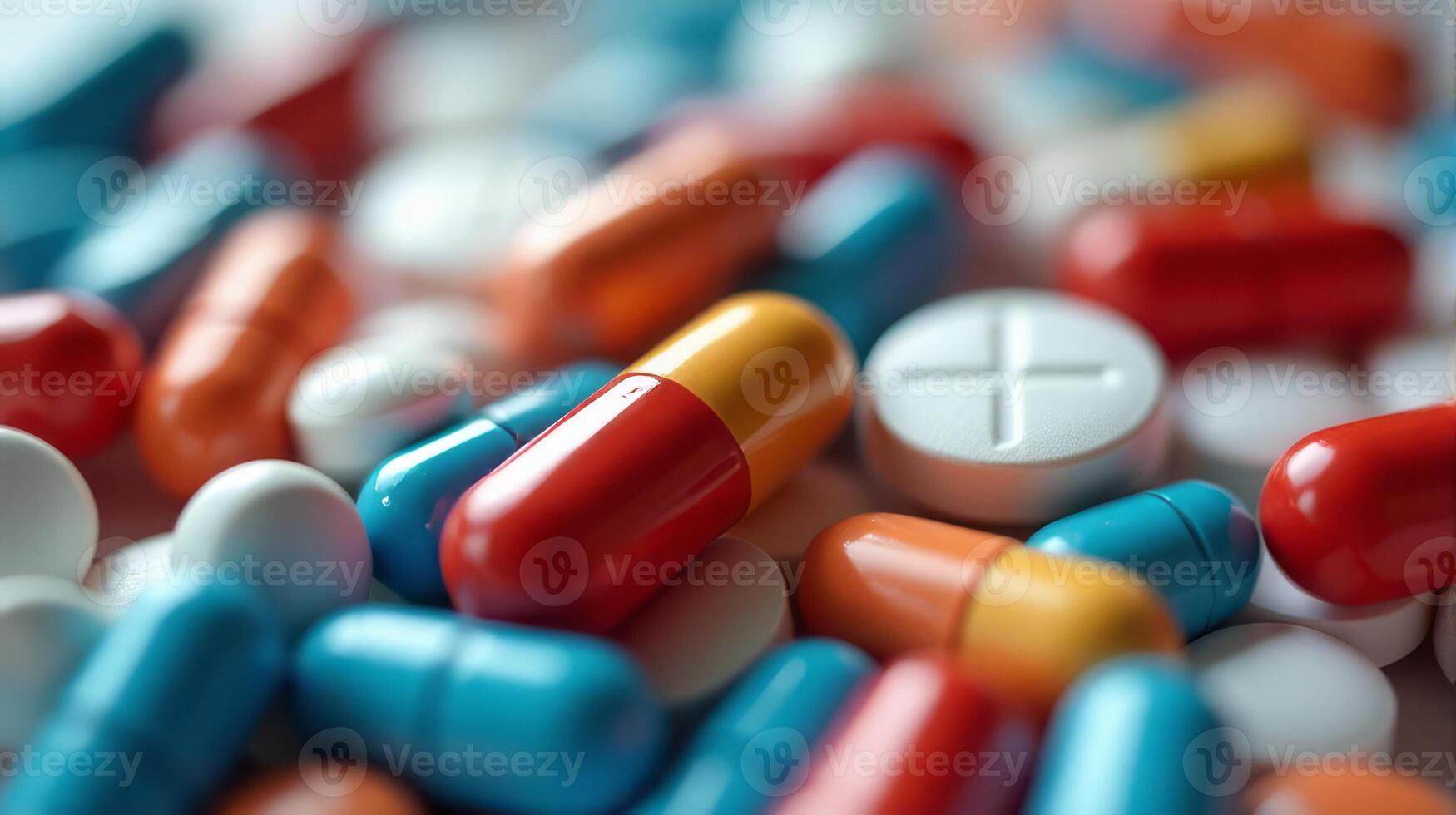 Close Up of a Diverse Array of Pharmaceutical Pills and Capsules, Showcasing a Variety of Colors photo
