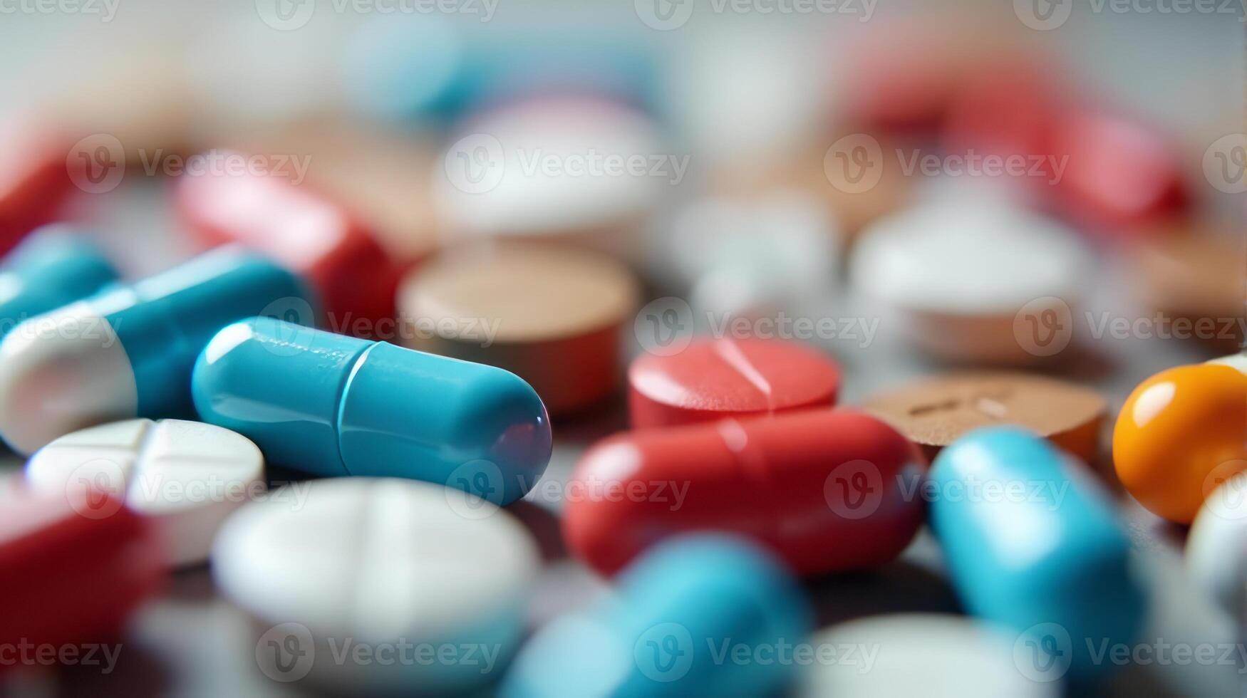 Close Up of a Diverse Array of Pharmaceutical Pills and Capsules, Showcasing a Variety of Colors photo