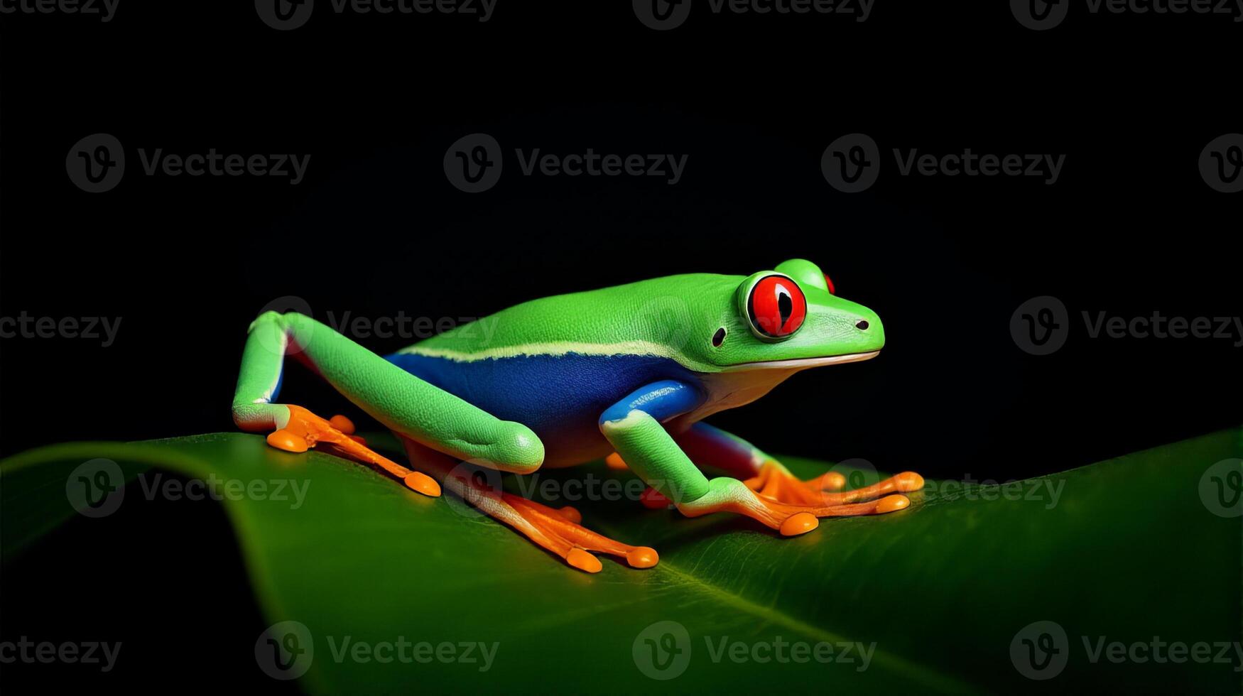 Vibrant Red-eyed Tree Frog with Striking Orange Feet and Bright Blue Streaks Along its Sides Perched on a Glossy Green Leaf Against a Dark Background photo