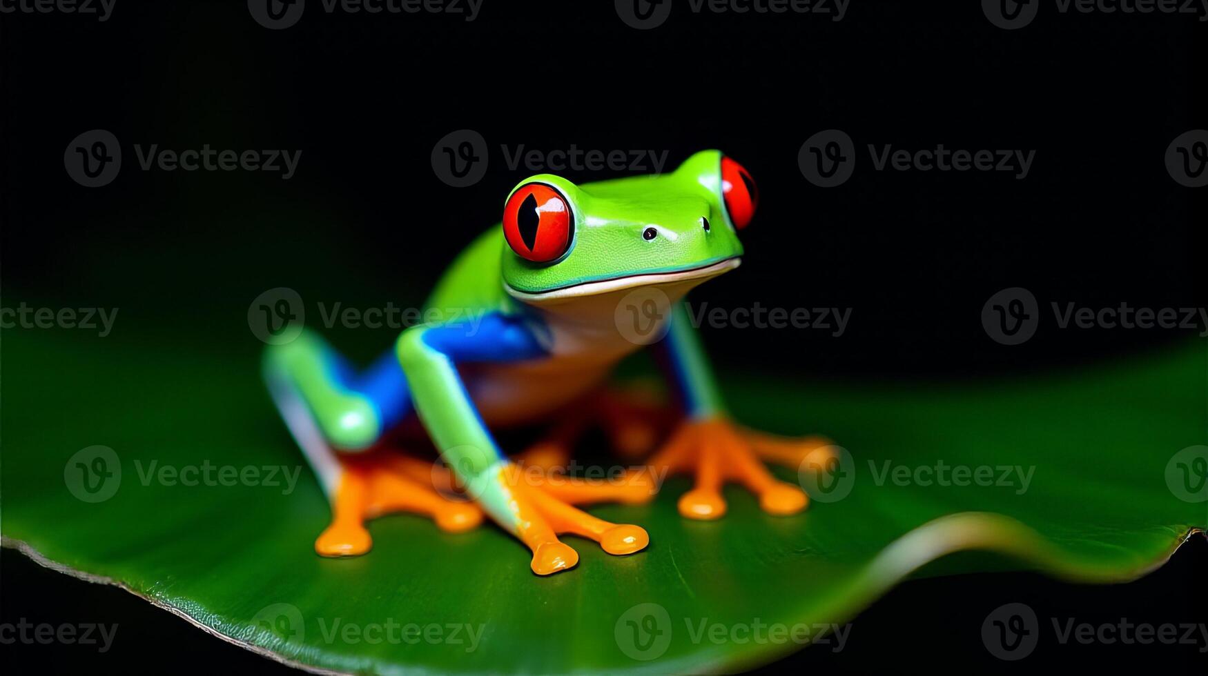 Vibrant Red-eyed Tree Frog with Striking Orange Feet and Bright Blue Streaks Along its Sides Perched on a Glossy Green Leaf Against a Dark Background photo