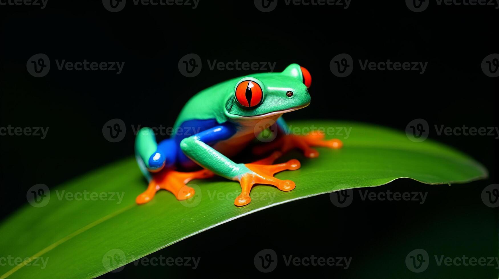 Vibrant Red-eyed Tree Frog with Striking Orange Feet and Bright Blue Streaks Along its Sides Perched on a Glossy Green Leaf Against a Dark Background photo