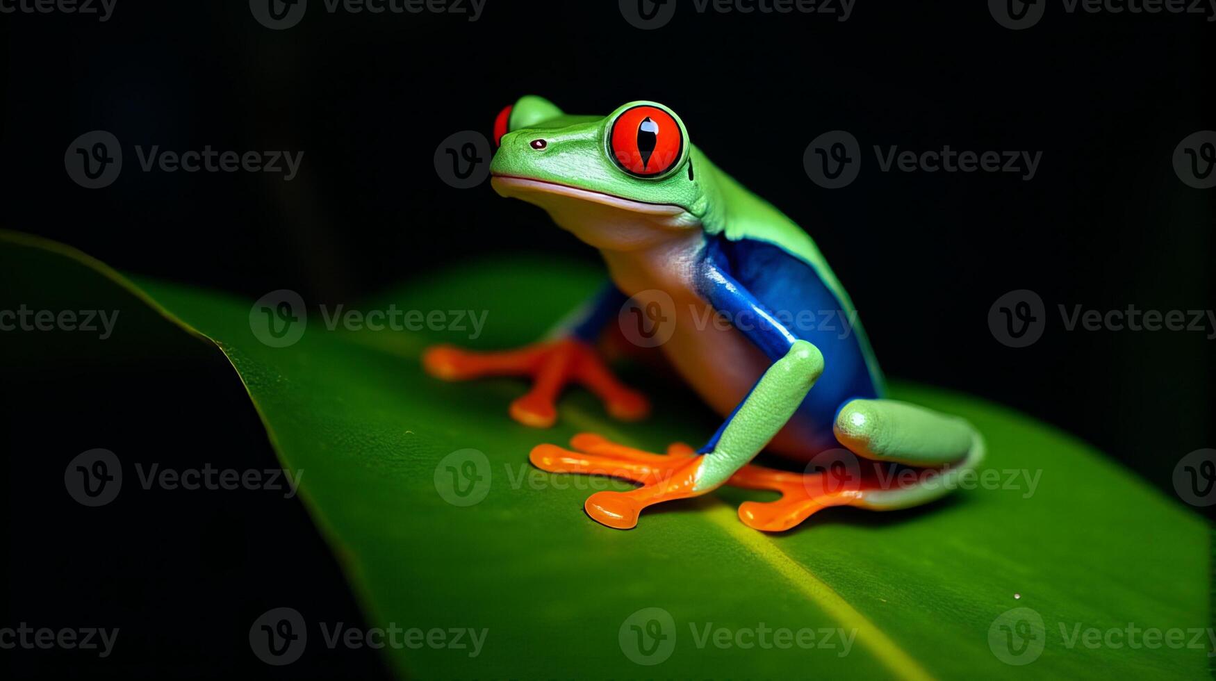 Vibrant Red-eyed Tree Frog with Striking Orange Feet and Bright Blue Streaks Along its Sides Perched on a Glossy Green Leaf Against a Dark Background photo