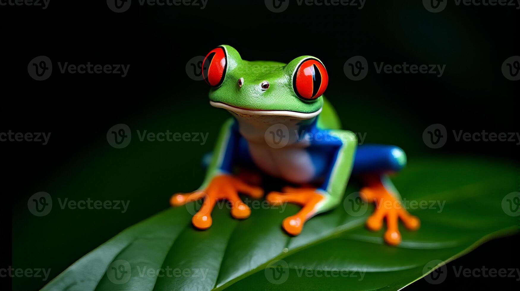 Vibrant Red-eyed Tree Frog with Striking Orange Feet and Bright Blue Streaks Along its Sides Perched on a Glossy Green Leaf Against a Dark Background photo