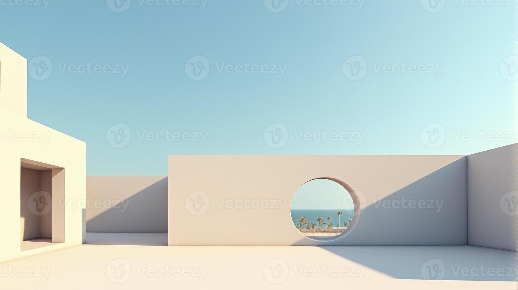 Minimalist Architectural Scene Under a Clear Blue Sky, Featuring Geometric Buildings With Shades of Beige and Palm Tree Creating Serene and Timeless Atmosphere photo