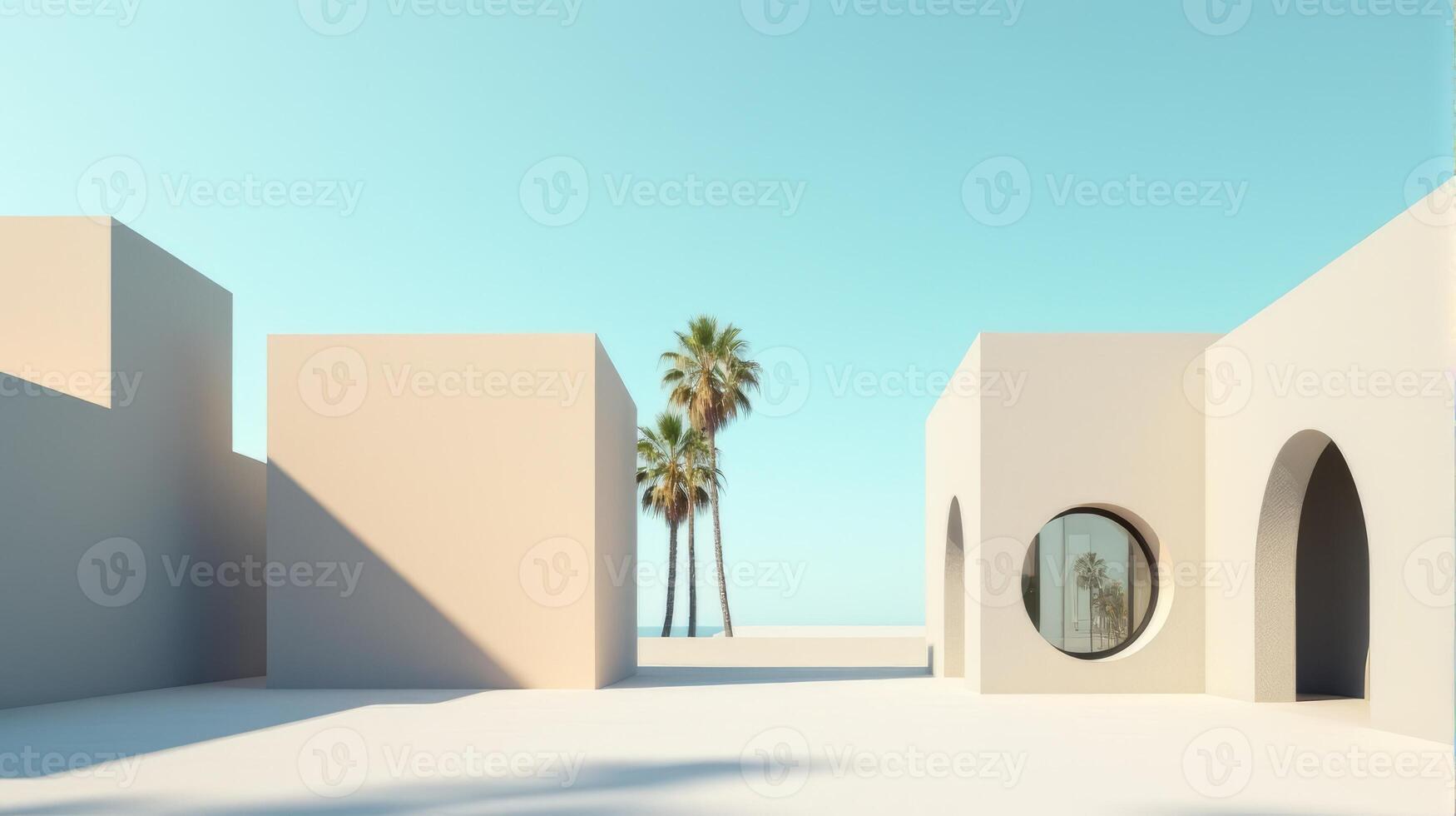 Minimalist Architectural Scene Under a Clear Blue Sky, Featuring Geometric Buildings With Shades of Beige and Palm Tree Creating Serene and Timeless Atmosphere photo