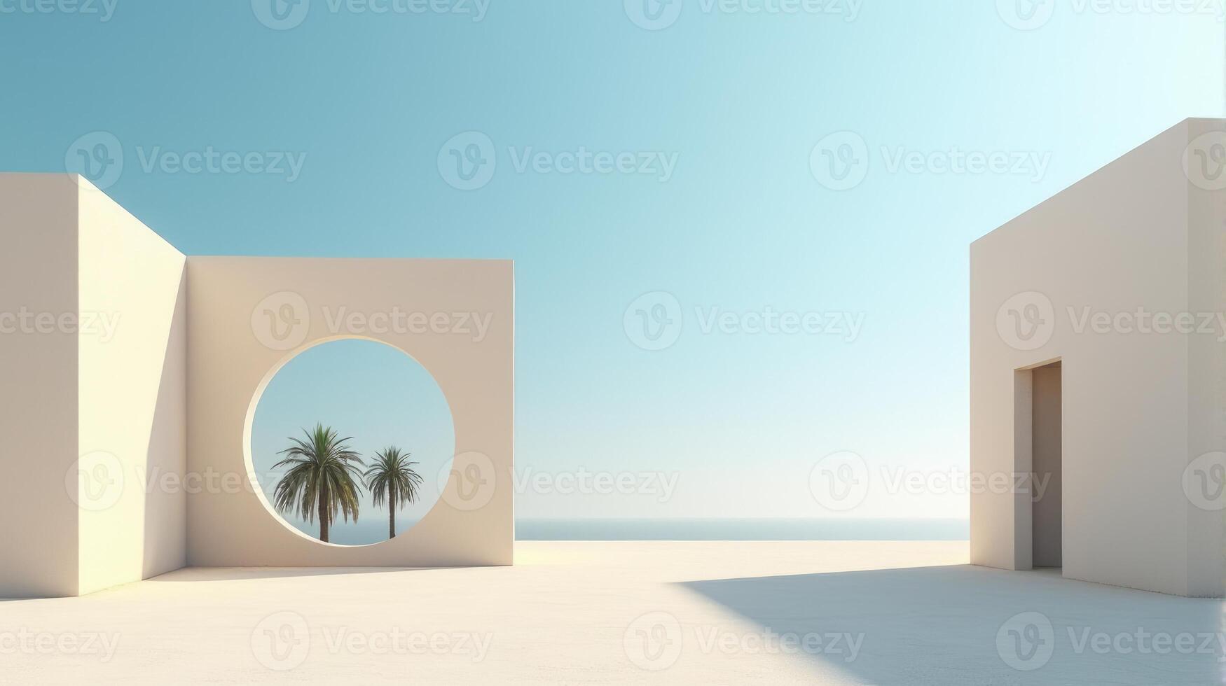 Minimalist Architectural Scene Under a Clear Blue Sky, Featuring Geometric Buildings With Shades of Beige and Palm Tree Creating Serene and Timeless Atmosphere photo
