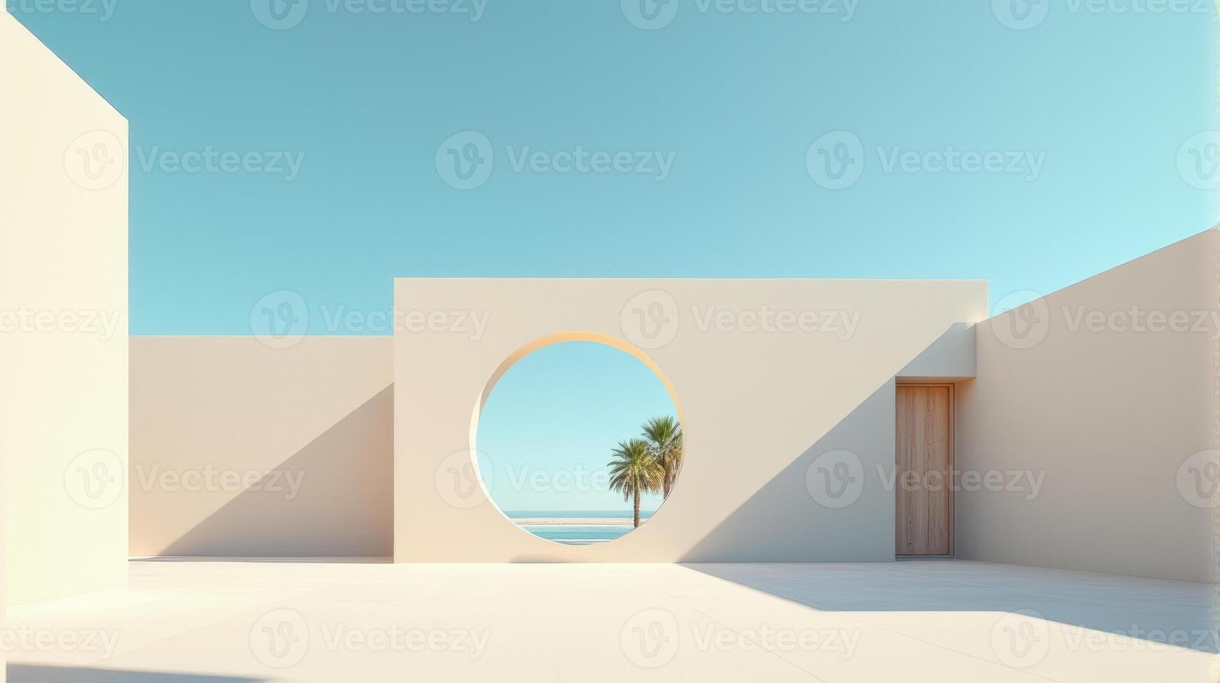 Minimalist Architectural Scene Under a Clear Blue Sky, Featuring Geometric Buildings With Shades of Beige and Palm Tree Creating Serene and Timeless Atmosphere photo