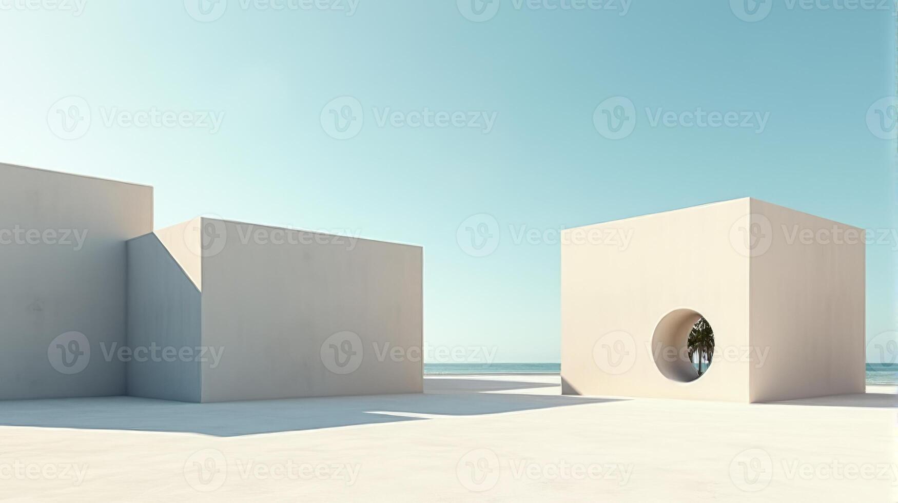 Minimalist Architectural Scene Under a Clear Blue Sky, Featuring Geometric Buildings With Shades of Beige and Palm Tree Creating Serene and Timeless Atmosphere photo