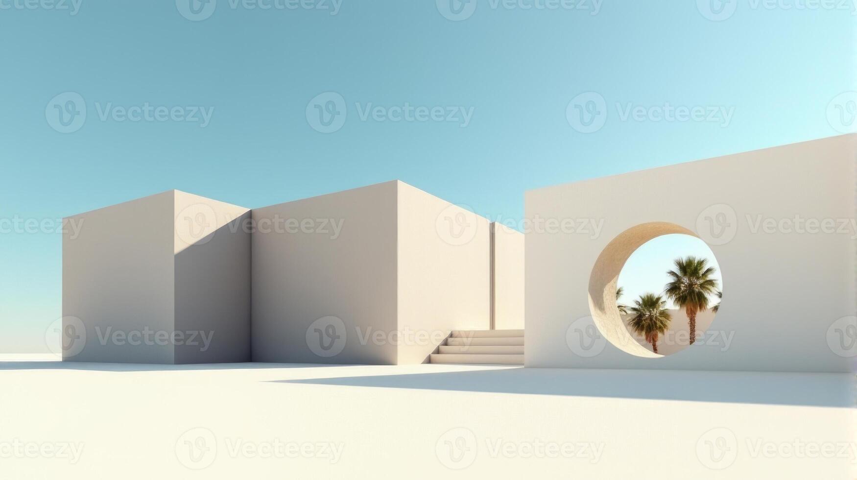 Minimalist Architectural Scene Under a Clear Blue Sky, Featuring Geometric Buildings With Shades of Beige and Palm Tree Creating Serene and Timeless Atmosphere photo