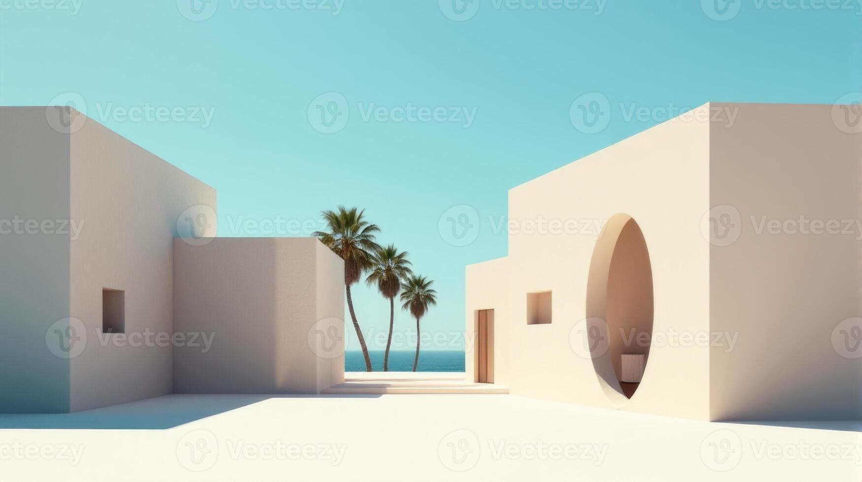 Minimalist Architectural Scene Under a Clear Blue Sky, Featuring Geometric Buildings With Shades of Beige and Palm Tree Creating Serene and Timeless Atmosphere photo
