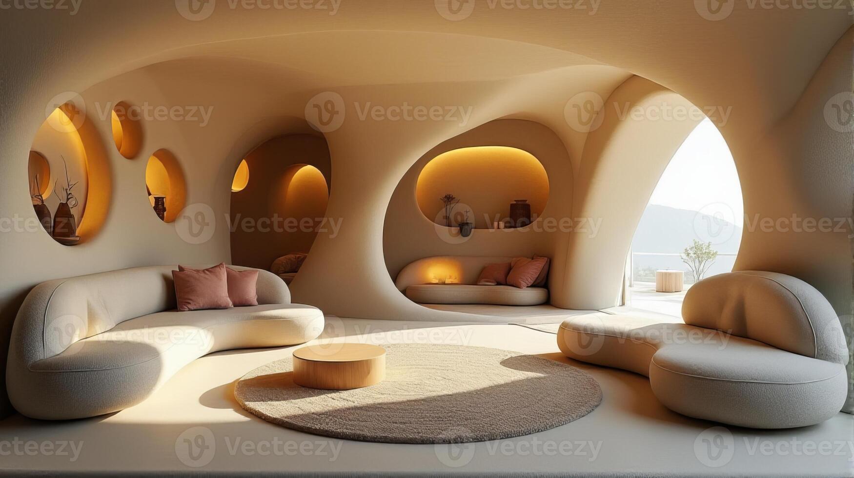 Interior Space Integrating Organic and Fluid Forms Into a Functional Living Area With a Color Palette That Evokes a Warm Natural and Serene Atmosphere photo