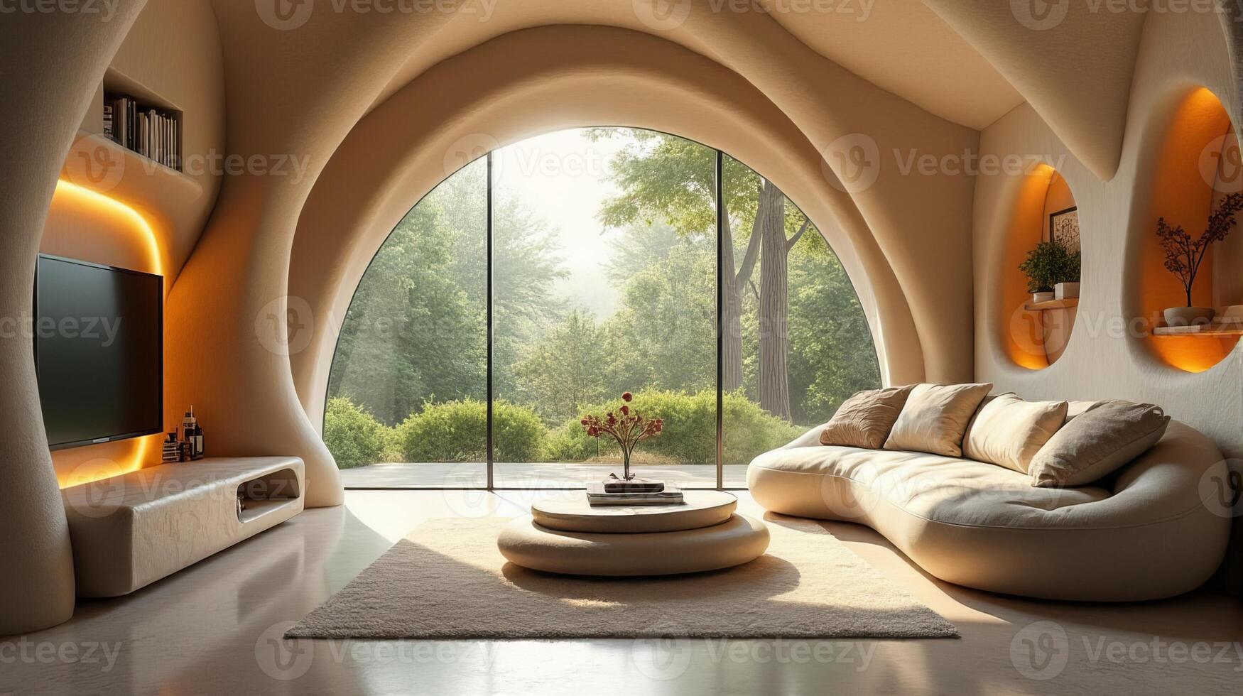 Interior Space Integrating Organic and Fluid Forms Into a Functional Living Area With a Color Palette That Evokes a Warm Natural and Serene Atmosphere photo