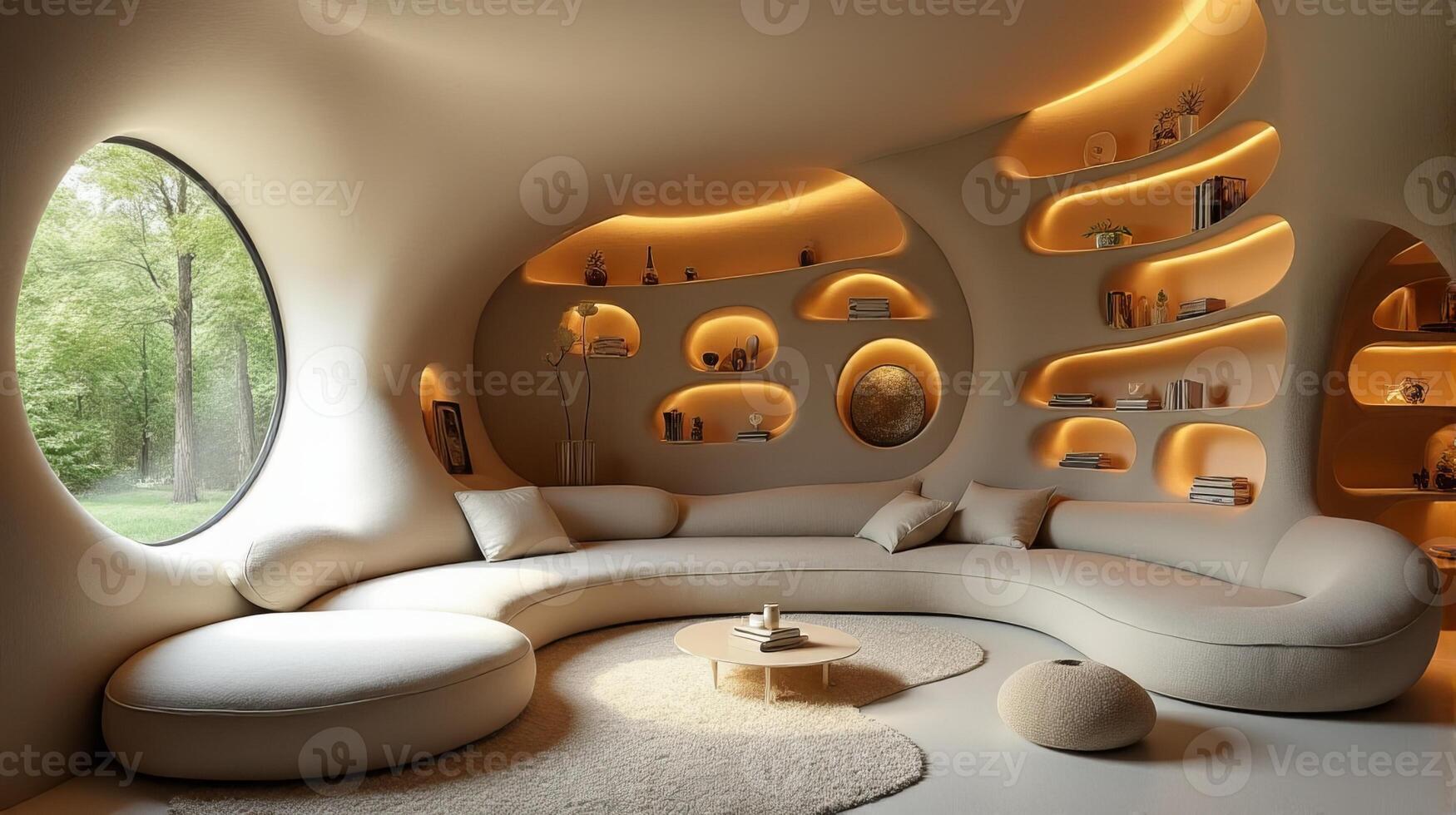 Interior Space Integrating Organic and Fluid Forms Into a Functional Living Area With a Color Palette That Evokes a Warm Natural and Serene Atmosphere photo